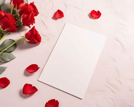 White blank card with space for your own content. Bouquet, red roses and petals light background. Valentine's Day as a day symbol of affection and love. A time of falling in love and love.