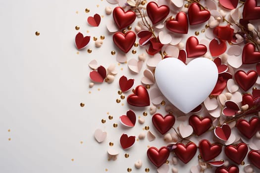 Large white heart and small red white hearts and beads.Valentine's Day banner with space for your own content. Heart as a symbol of affection and love.