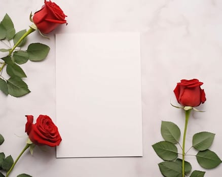 White blank card with space for your own content. Three red roses, light background. Valentine's Day as a day symbol of affection and love. A time of falling in love and love.