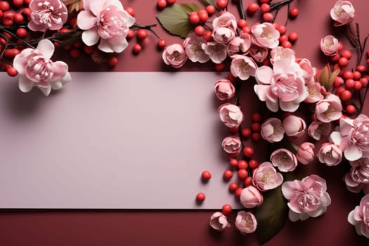 White blank card with space for your own content. Around it pink flowers and a rowan tree. Valentine's Day as a day symbol of affection and love. A time of falling in love and love.