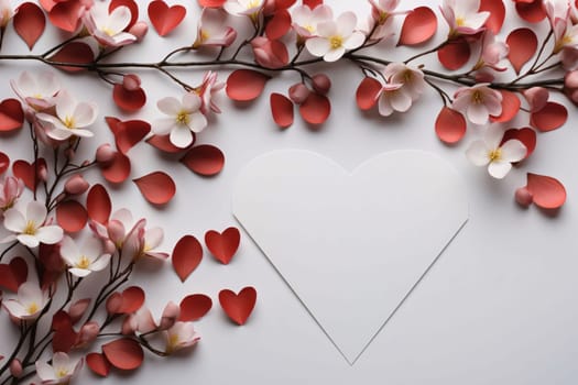 White blank card with space for your own content. White flowers and small red heart petals. Valentine's Day as a day symbol of affection and love. A time of falling in love and love.