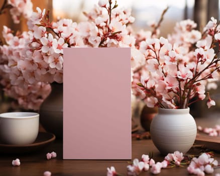 White blank card with space for your own content. Gazebos with white cherry blossoms in the back. Valentine's Day as a day symbol of affection and love. A time of falling in love and love.