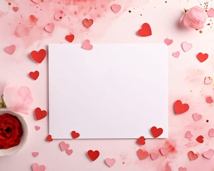 White blank card with space for your own content. All around scattered, red, pink hearts, confetti, view from above. Valentine's Day as a day symbol of affection and love. A time of falling in love and love.