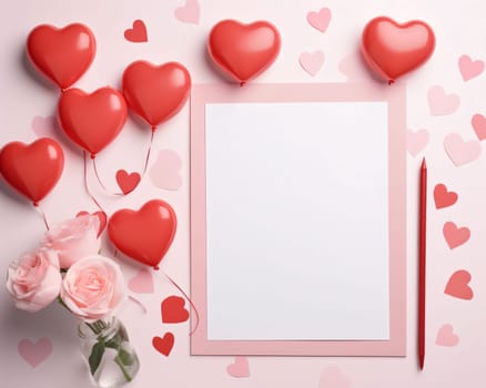 White blank card with space for your own content. Around small red balloons in the shape of hearts, pink red hearts and roses. Valentine's Day as a day symbol of affection and love. A time of falling in love and love.