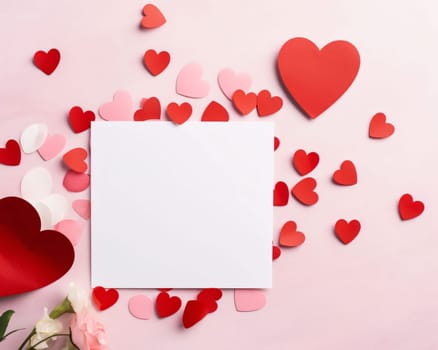 White blank card with space for your own content. All around scattered, red, pink hearts, confetti, view from above. Valentine's Day as a day symbol of affection and love. A time of falling in love and love.