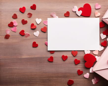 White blank card with space for your own content. A scattering of red, pink and white hearts on a wooden tabletop. Valentine's Day as a day symbol of affection and love. A time of falling in love and love.