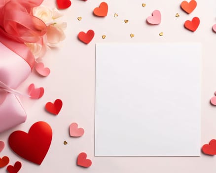 White blank card with space for your own content. All around red and pink hearts. Valentine's Day as a day symbol of affection and love. A time of falling in love and love.