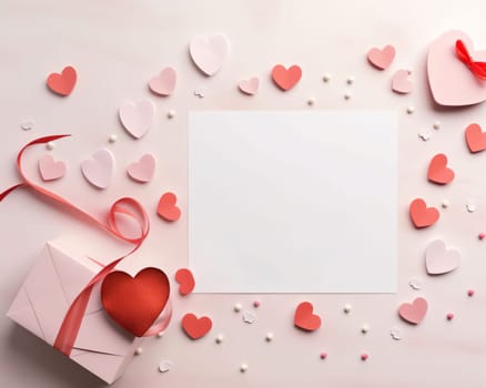 White blank card with space for your own content. All around red and pink hearts. Valentine's Day as a day symbol of affection and love. A time of falling in love and love.