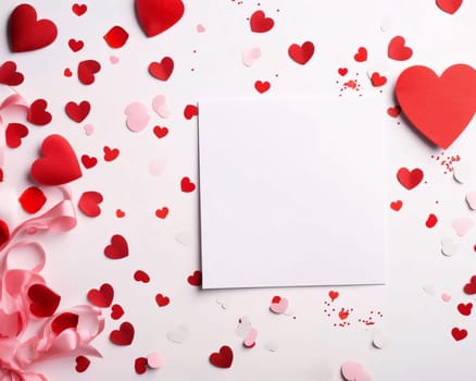 White blank card with space for your own content. All around red and pink hearts. Valentine's Day as a day symbol of affection and love. A time of falling in love and love.