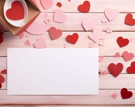 White blank card with space for your own content. Around scattered, red and pink hearts on a wooden top. Valentine's Day as a day symbol of affection and love. A time of falling in love and love.