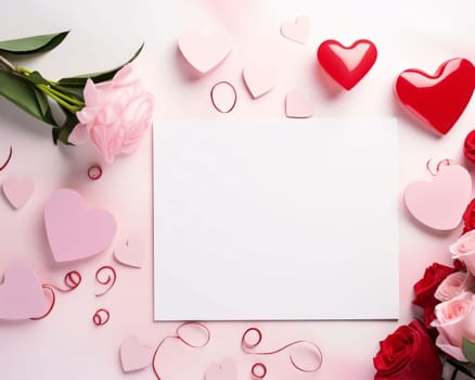 White blank card with space for your own content. Around red white and pink hearts and pink and red roses. Valentine's Day as a day symbol of affection and love. A time of falling in love and love.