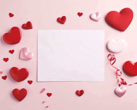 White blank card with space for your own content. Around a pink red heart and serpentine. Valentine's Day as a day symbol of affection and love. A time of falling in love and love.