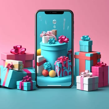 Smartphone screen displaying colorful gifts with bows all around gifts with bows. Gifts as a day symbol of present and love. A time of falling in love and love.