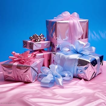 Colorful wrapped in paper, gifts with bows, blue and pink background. Gifts as a day symbol of present and love. A time of falling in love and love.