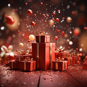 Red gifts with gold bows around confetti, dust and decorations. Gifts as a day symbol of present and love. A time of falling in love and love.