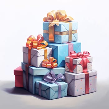 Heap of colorful gifts with bows on dark background, illustration. Gifts as a day symbol of present and love. A time of falling in love and love.