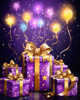 Purple gifts with stars, gold bows, above them balloons. Dark background. Gifts as a day symbol of present and love. A time of falling in love and love.