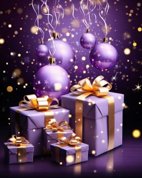 Purple gifts with stars, gold bows, baubles above them. Dark background. Gifts as a day symbol of present and love. A time of falling in love and love.