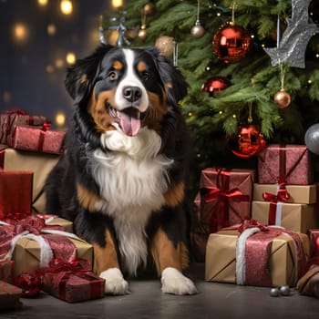 Christmas tree with baubles all around gifts with bows and a dog. Gifts as a day symbol of present and love. A time of falling in love and love.