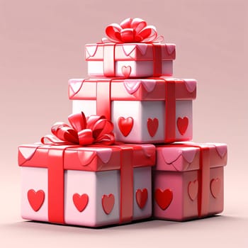 Pink gifts with red bows and hearts. Gifts as a day symbol of present and love. A time of falling in love and love.