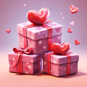 Three pink gifts with red bows, around hearts. Gifts as a day symbol of present and love. A time of falling in love and love.