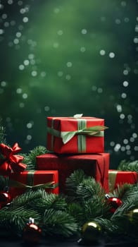 Red gifts with green bows around spruce branches, baubles, green background. Gifts as a day symbol of present and love. A time of falling in love and love.