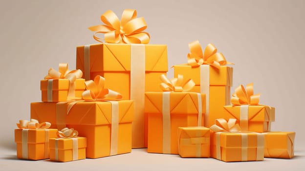 Elegantly arranged orange gifts of different sizes with bows on a light background. Gifts as a day symbol of present and love. A time of falling in love and love.