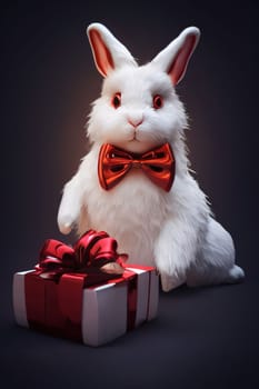 White bunny with bow opposite white gift with red card, dark background. Gifts as a day symbol of present and love. A time of falling in love and love.
