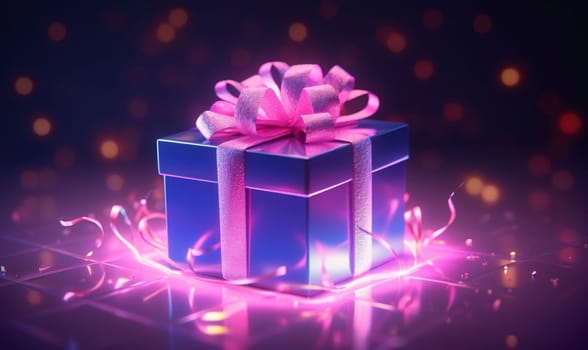 Blue navy blue gift with pink bow around pink lights. Gifts as a day symbol of present and love. A time of falling in love and love.