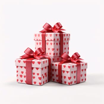 White gifts with red hearts and red bows, white isolated background. Gifts as a day symbol of present and love. A time of falling in love and love.