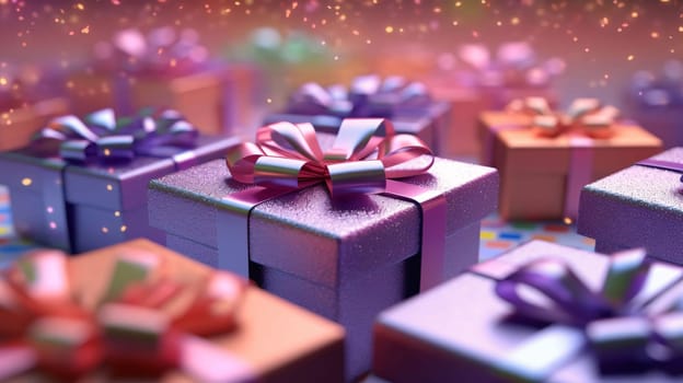A view of a mass of pink and purple gifts with bows. Blurred background. Gifts as a day symbol of present and love. A time of falling in love and love.