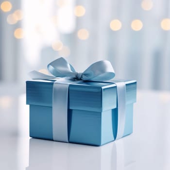 Blue gift with blue bow on light background with bokeh effect. Gifts as a day symbol of present and love. A time of falling in love and love.