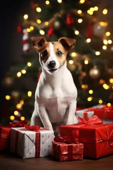 Dog, around red white gifts with bows in the background Christmas tree with lights.Valentine's Day banner with space for your own content. Heart as a symbol of affection and love.