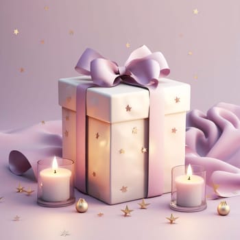 White gift decorated with gold stars and bow, two candles.Valentine's Day banner with space for your own content. Heart as a symbol of affection and love.