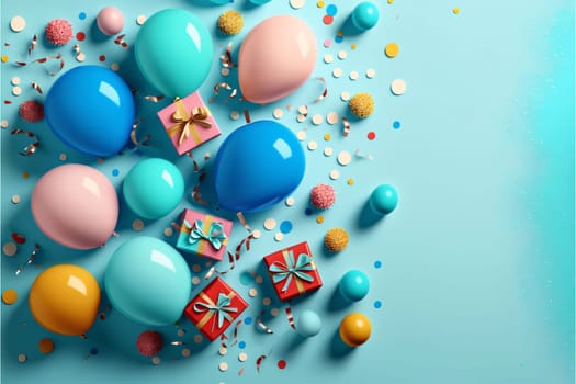 Overhead view of colorful balloons, confetti, gifts with bows.Valentine's Day banner with space for your own content. Heart as a symbol of affection and love.