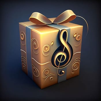 Illustration of a golden gift with a violin key. Dark background. Gifts as a day symbol of present and love. A time of falling in love and love.