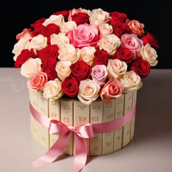 White, red and pink roses tied with a pink bow. Gifts as a day symbol of present and love. A time of falling in love and love.