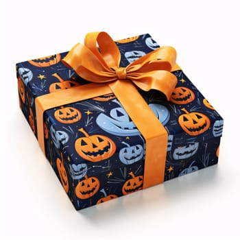 Jack-o-lantern pumpkin box with orange bow on white background. Gifts as a day symbol of present and love. A time of falling in love and love.