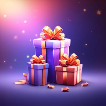 Three colorful gifts with bows on a dark background. Gifts as a day symbol of present and love. A time of falling in love and love.