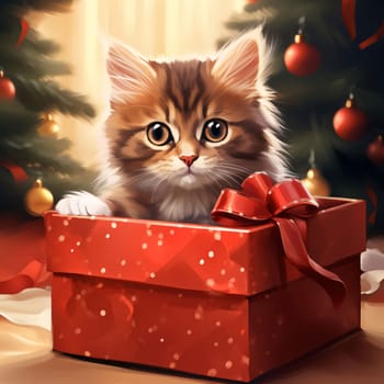 A tiny cat in a red box, a gift with bows. Gifts as a day symbol of present and love. A time of falling in love and love.