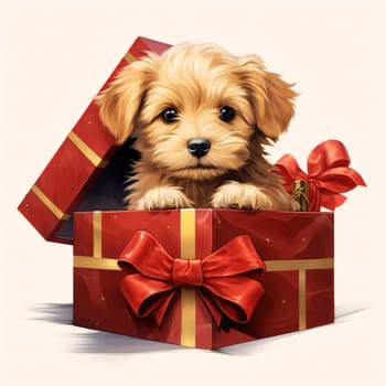Tiny dog in a red box, gift with bows, white background. Gifts as a day symbol of present and love. A time of falling in love and love.