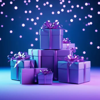 Blue gift mountain with purple bows, blue bokech effect. Gifts as a day symbol of present and love. A time of falling in love and love.