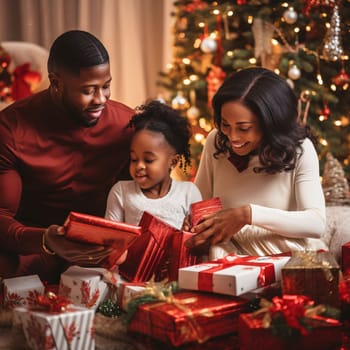 Black smiling family at the table opens gifts, Christmas tree in the background. Gifts as a day symbol of present and love. A time of falling in love and love.