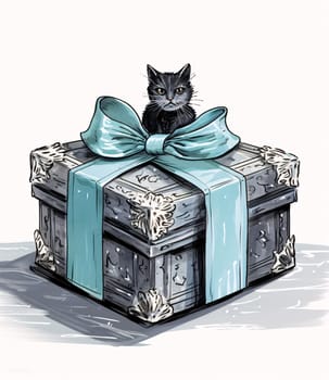 Illustration gift box with bow in the background, Black cat, white background. Gifts as a day symbol of present and love. A time of falling in love and love.