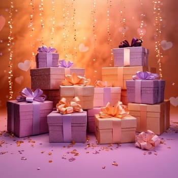 Colorful gifts with bows in the background, confetti, hearts. Gifts as a day symbol of present and love. A time of falling in love and love.