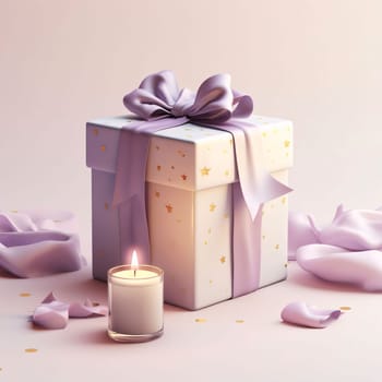 White gift box with stars and a bow, candle. Light background. Gifts as a day symbol of present and love. A time of falling in love and love.