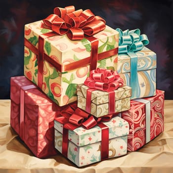 Illustration of a stack of colorful gifts with ornaments and bows. Gifts as a day symbol of present and love. A time of falling in love and love.