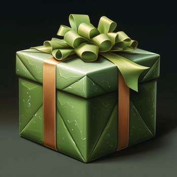Green gift with a bow on a dark background. Gifts as a day symbol of present and love. A time of falling in love and love.