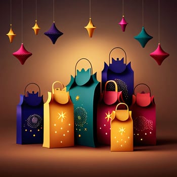 Colorful gift bags. Gifts as a day symbol of present and love. A time of falling in love and love.