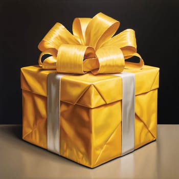 Yellow gift with a bow on a dark background. Gifts as a day symbol of present and love. A time of falling in love and love.